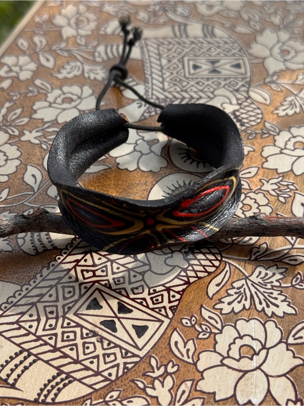 Handpainted Brown Leather Cuff Bracelet with Red & Gold Accent - Picture 2 of 2